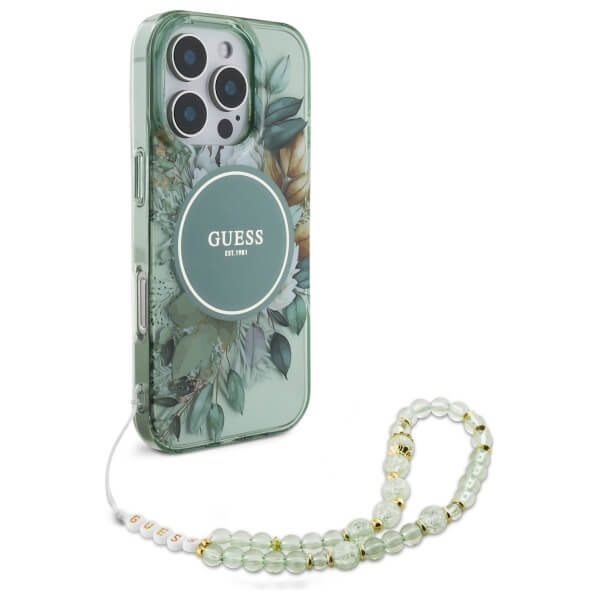 Guess iPhone 16 Pro Max - IML Flowers With Pearl Strap MagSafe - Σκληρή Θήκη με Πλαίσιο Σιλικόνης και Λουράκι - Green - GUHMP16XHFWBRCESN