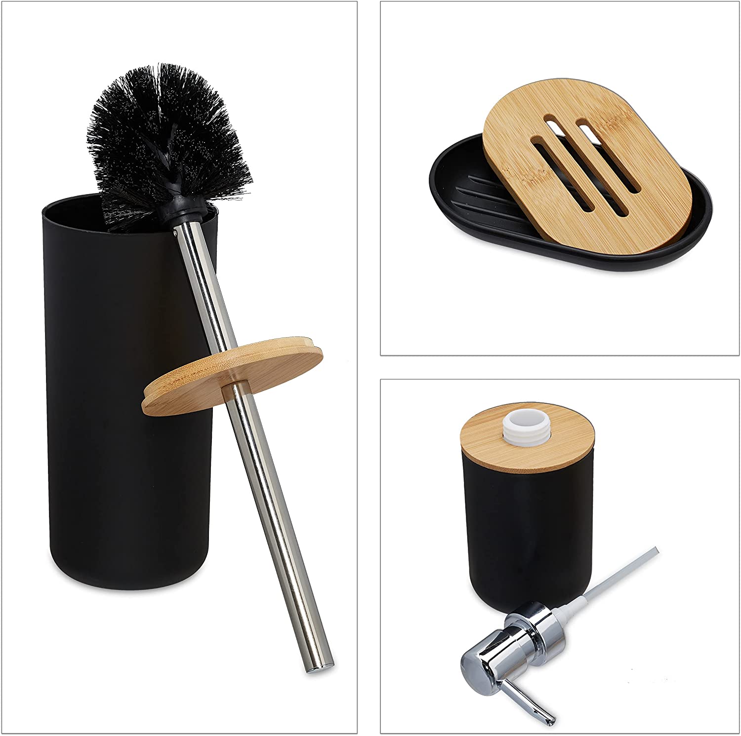 Relaxdays Αξεσουάρ Μπάνιου Σετ 6 Τεμαχίων από Πλαστικό και Μπαμπού - Black / Light Brown - 4052025886516