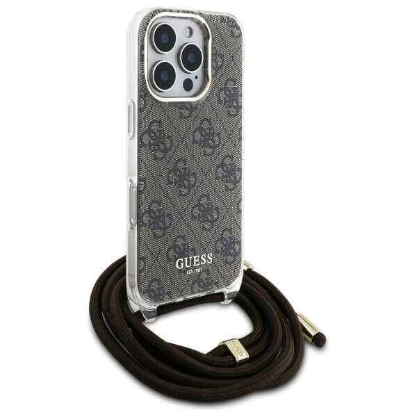 Guess iPhone 16 Pro - Crossbody Cord 4G Print - Σκληρή Θήκη με Πλαίσιο Σιλικόνης και Λουράκι - Brown - GUHCP16LHC4SEW