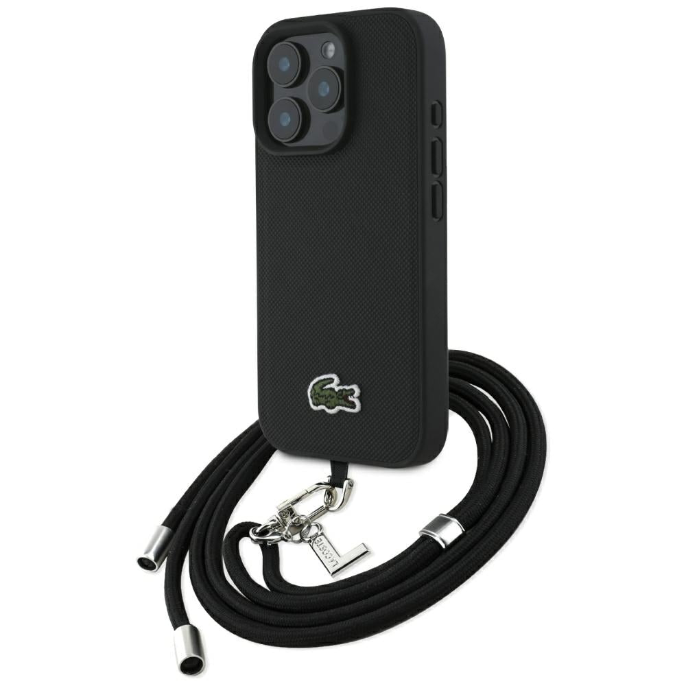 Lacoste iPhone 16 Pro Max - Σκληρή Θήκη με Πλαίσιο Σιλικόνης και Λουράκι - Iconic Petit Pique Crossbody Cord MagSafe - Black