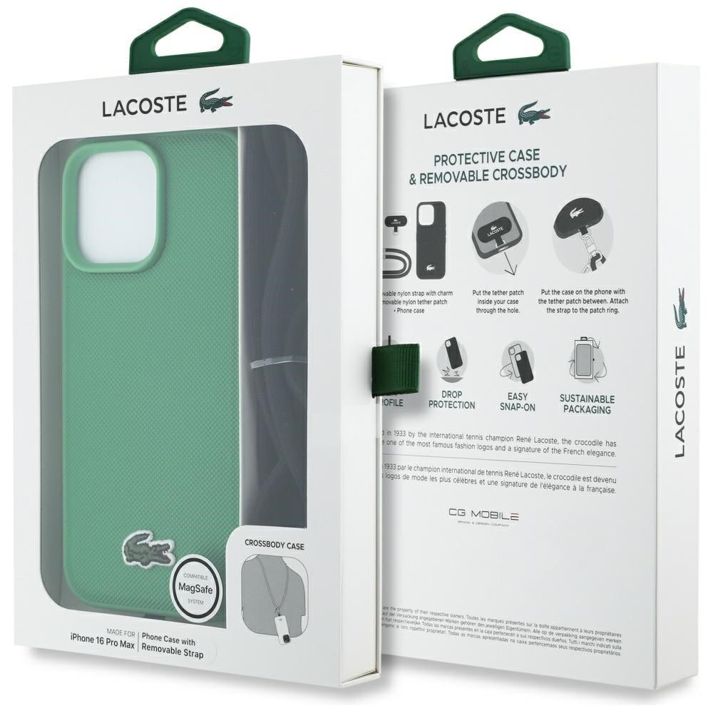 Lacoste iPhone 16 Pro Max - Σκληρή Θήκη με Πλαίσιο Σιλικόνης και Λουράκι - Iconic Petit Pique Crossbody Cord MagSafe - Green
