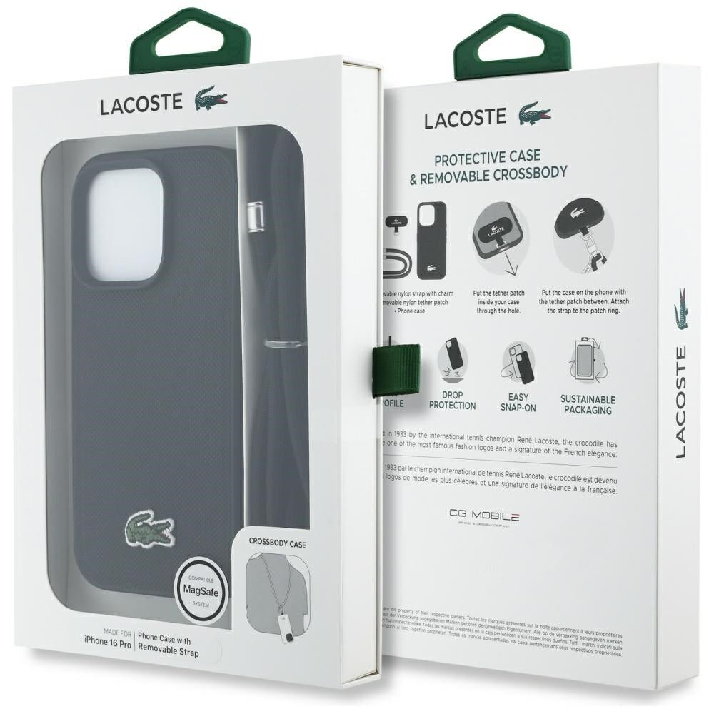 Lacoste iPhone 16 Pro - Σκληρή Θήκη με Πλαίσιο Σιλικόνης και Λουράκι - Iconic Petit Pique Crossbody Cord MagSafe - Black