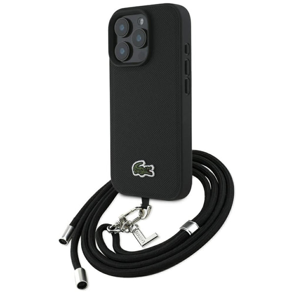 Lacoste iPhone 16 Pro - Σκληρή Θήκη με Πλαίσιο Σιλικόνης και Λουράκι - Iconic Petit Pique Crossbody Cord MagSafe - Black