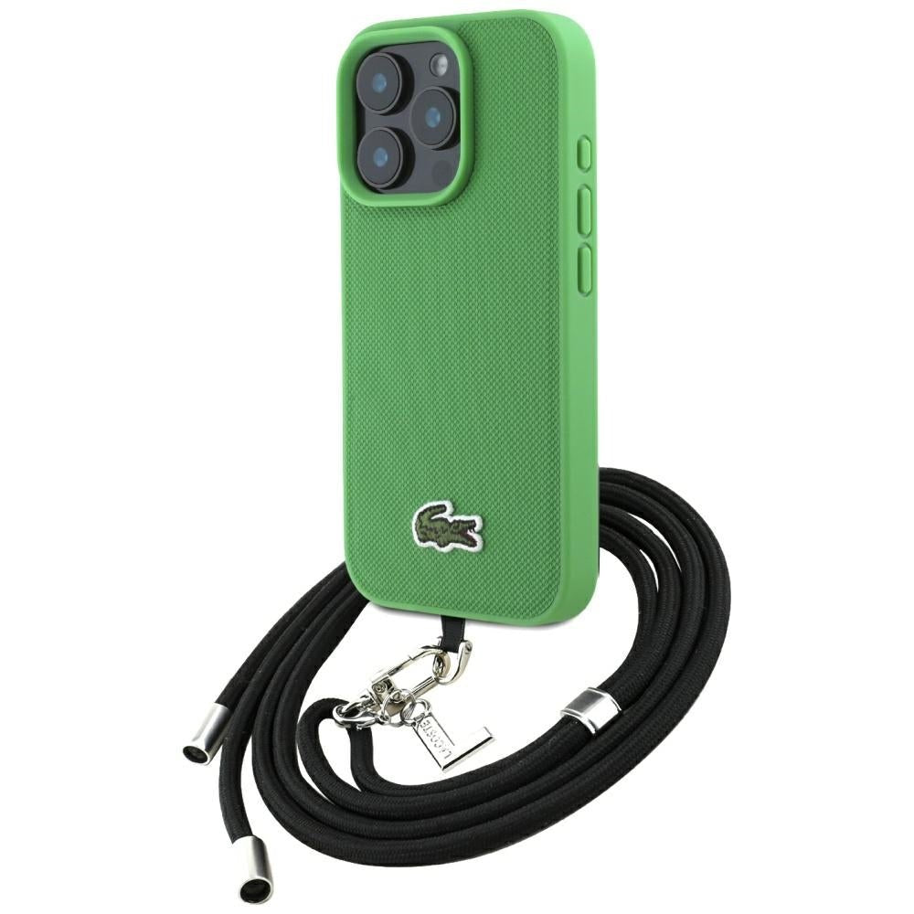 Lacoste iPhone 16 Pro - Σκληρή Θήκη με Πλαίσιο Σιλικόνης και Λουράκι - Iconic Petit Pique Crossbody Cord MagSafe - Green