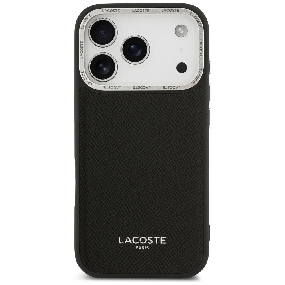 Lacoste iPhone 17 Pro - Champs Elysees Silver Logo MagSafe - Σκληρή Θήκη με Πλαίσιο Σιλικόνης και Επένδυση Οικολογικού Δέρματος - Black