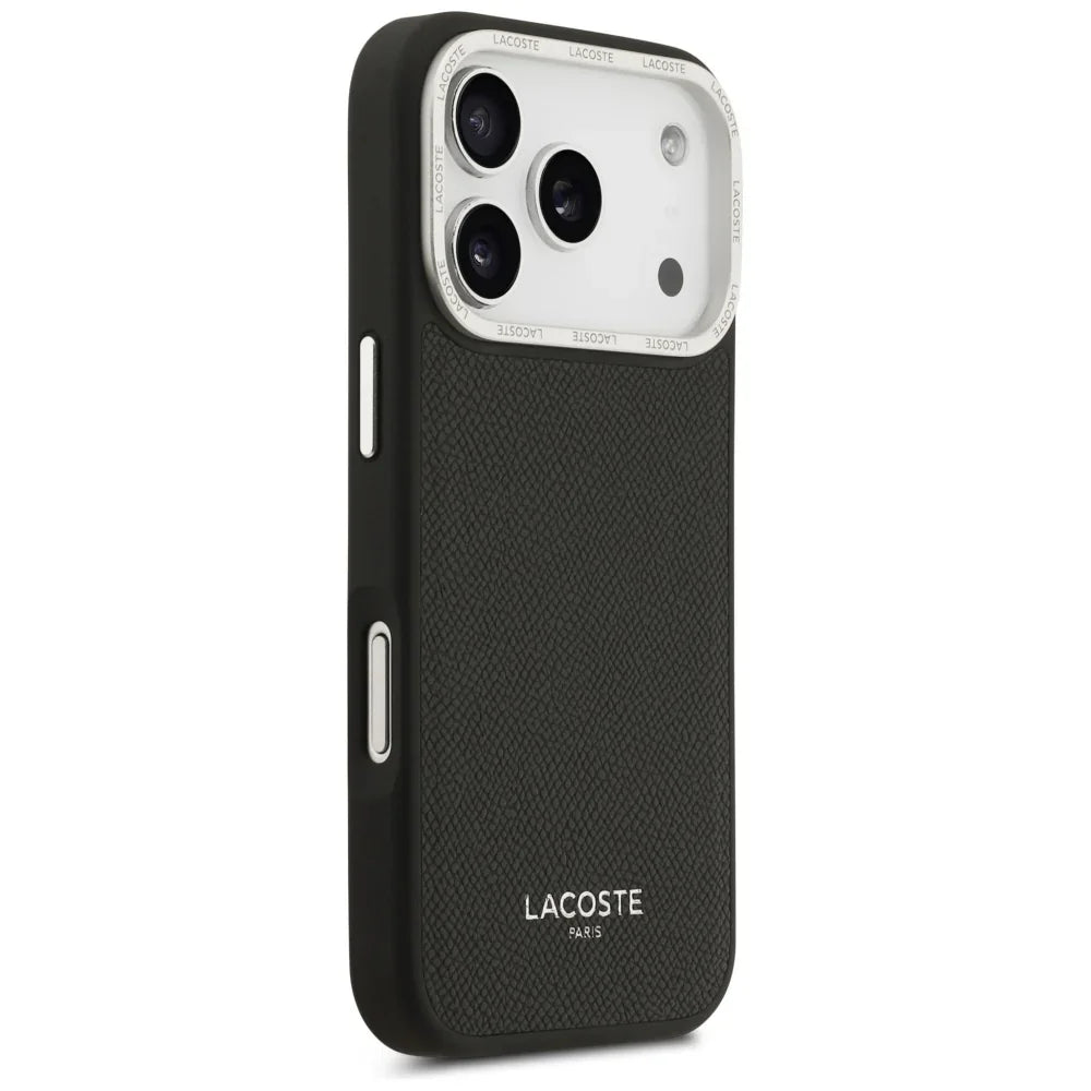 Lacoste iPhone 17 Pro - Champs Elysees Silver Logo MagSafe - Σκληρή Θήκη με Πλαίσιο Σιλικόνης και Επένδυση Οικολογικού Δέρματος - Black