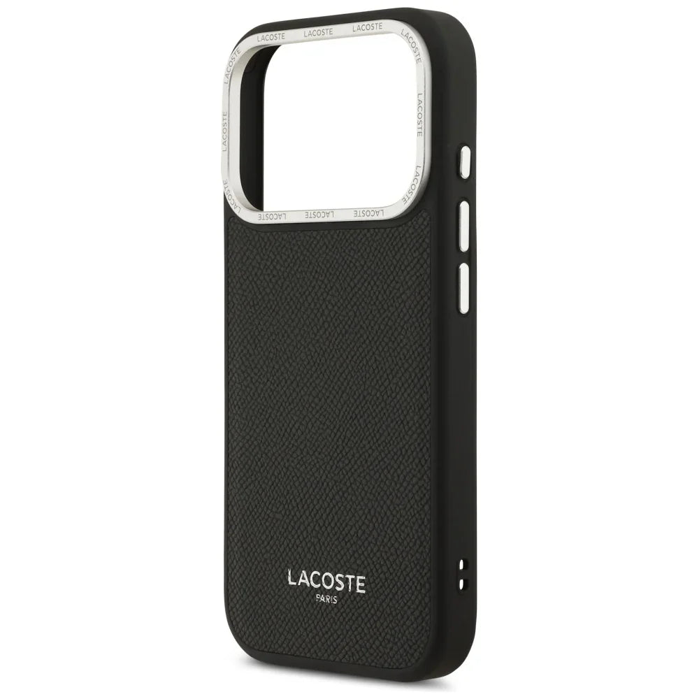 Lacoste iPhone 17 Pro - Champs Elysees Silver Logo MagSafe - Σκληρή Θήκη με Πλαίσιο Σιλικόνης και Επένδυση Οικολογικού Δέρματος - Black