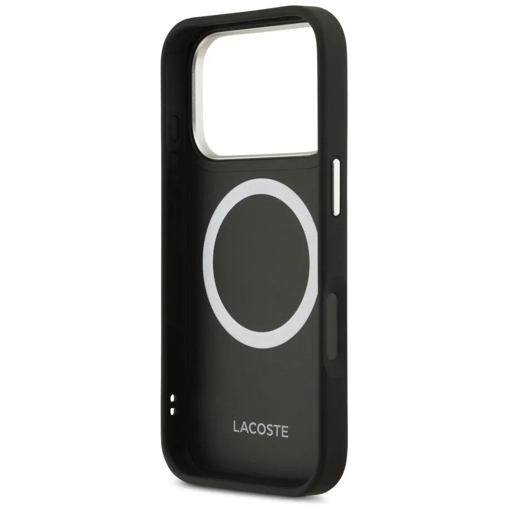 Lacoste iPhone 17 Pro - Champs Elysees Silver Logo MagSafe - Σκληρή Θήκη με Πλαίσιο Σιλικόνης και Επένδυση Οικολογικού Δέρματος - Black