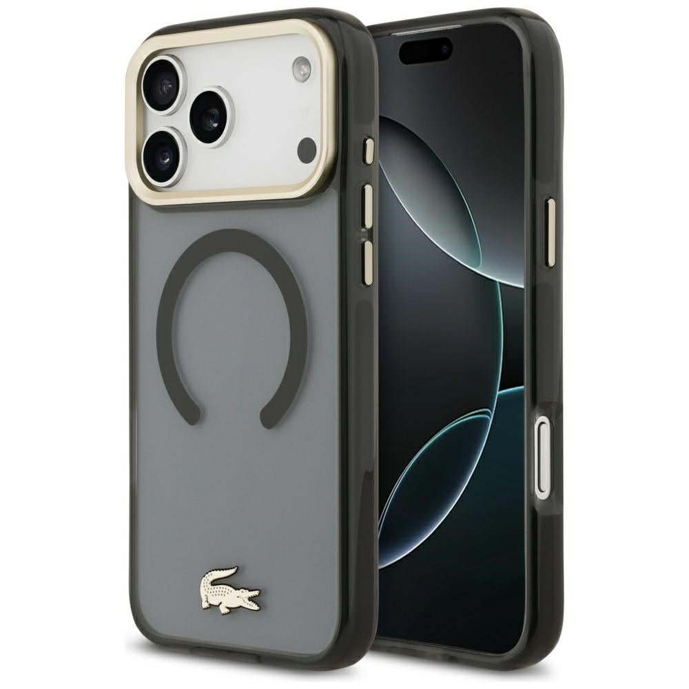 Lacoste iPhone 17 Pro Max - Σκληρή Θήκη με Πλαίσιο Σιλικόνης - Shockproof Transparent Frosted Gold Logo MagSafe - Black