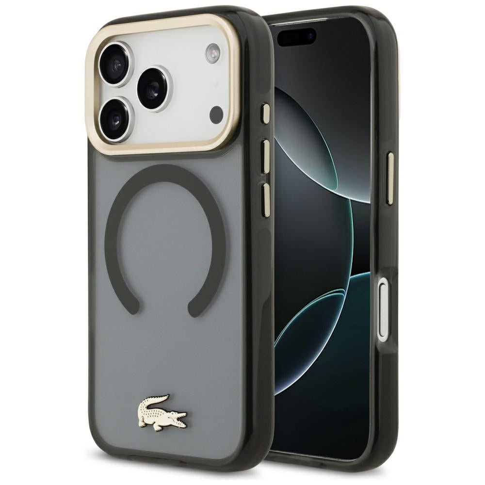 Lacoste iPhone 17 Pro - Σκληρή Θήκη με Πλαίσιο Σιλικόνης - Shockproof Transparent Frosted Gold Logo MagSafe - Black