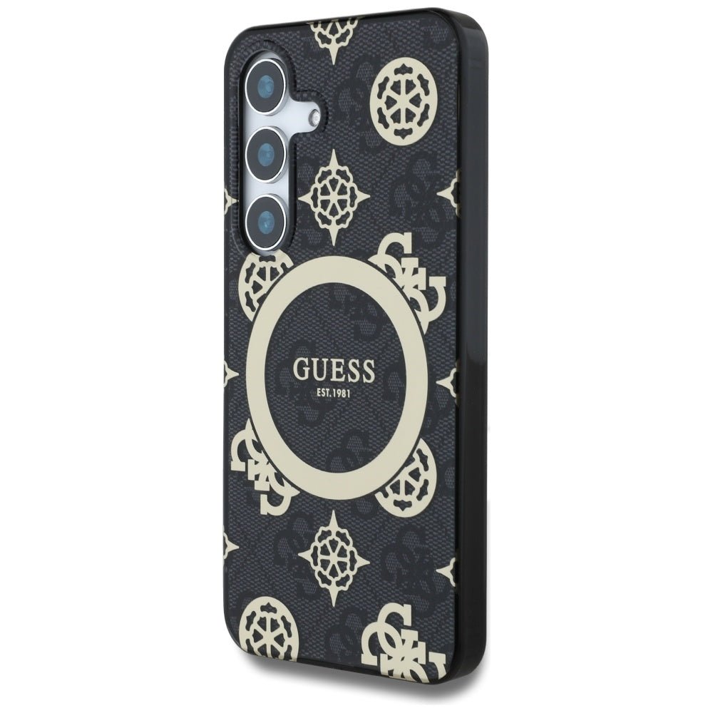 Guess Samsung Galaxy S25 - 4G Background Gold Electroplated Peony Pattern MagSafe - Σκληρή Θήκη με Πλαίσιο Σιλικόνης - Black - GUHMS25SH4PYEEK