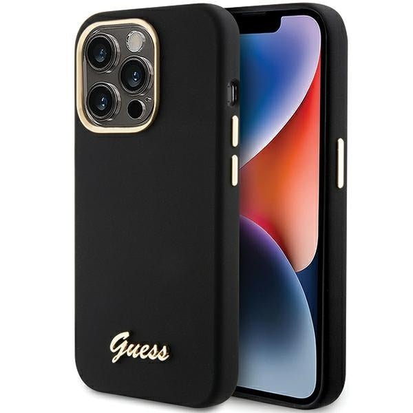 Guess iPhone 15 Pro Max Silicone Script Metal Logo and Frame Σκληρή Θήκη με Πλαίσιο Σιλικόνης - Black - GUHCP15XSMBSLK