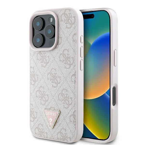 Guess iPhone 16 Pro Max - Leather 4G Triangle Strass - Θήκη με Επένδυση Συνθετικού Δέρματος - Pink - GUHCP16XP4TDPP