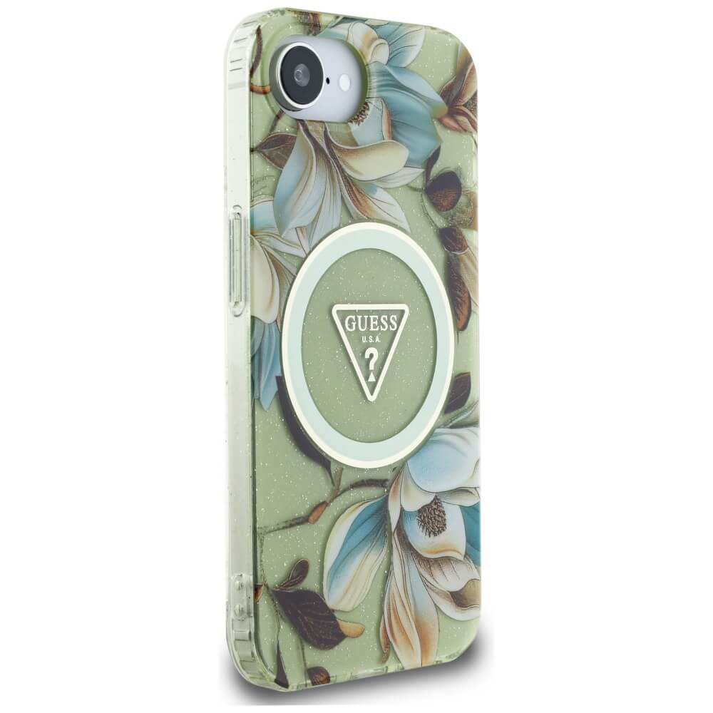 Guess iPhone 16e - IML Metal Glitter Flowers Triangle MagSafe - Σκληρή Θήκη με Πλαίσιο Σιλικόνης και MagSafe - Green - GUHMPSE4HFLPEDN