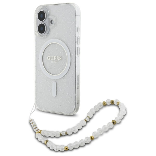 Guess iPhone 16 - IML Glitter With Pearl Strap MagSafe - Σκληρή Θήκη με Πλαίσιο Σιλικόνης και Λουράκι - Διάφανη - GUHMP16SHGCRELST