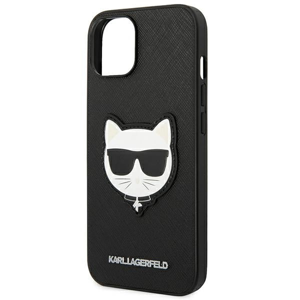 Karl Lagerfeld iPhone 14 - Saffiano Choupette Head Patch Σκληρή Θήκη με Επένδυση Συνθετικού Δέρματος και Πλαίσιο Σιλικόνης - Black - KLHCP14SSAPCHK