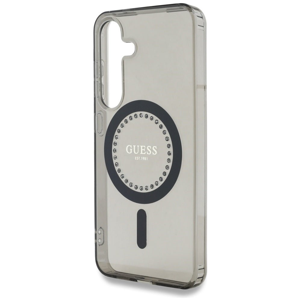 Guess Samsung Galaxy S25 - Rhinestones Printed Classic Logo - MagSafe Σκληρή Θήκη με Πλαίσιο Σιλικόνης - Black - GUHMS25SPFTDTEK