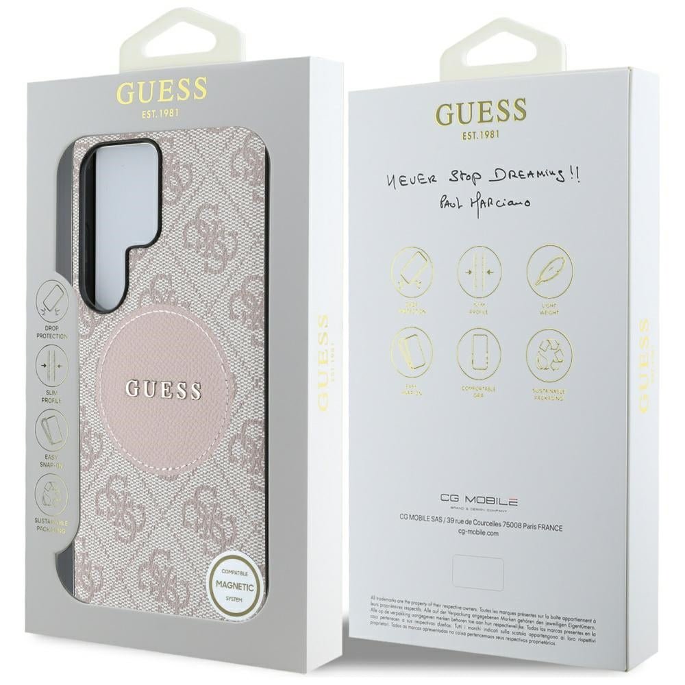 Guess Samsung Galaxy S25 Ultra - 4G Round Patch Classic Logo - Θήκη με Επένδυση Συνθετικού Δέρματος και MagSafe - Pink - GUHMS25LP4PGRSGP