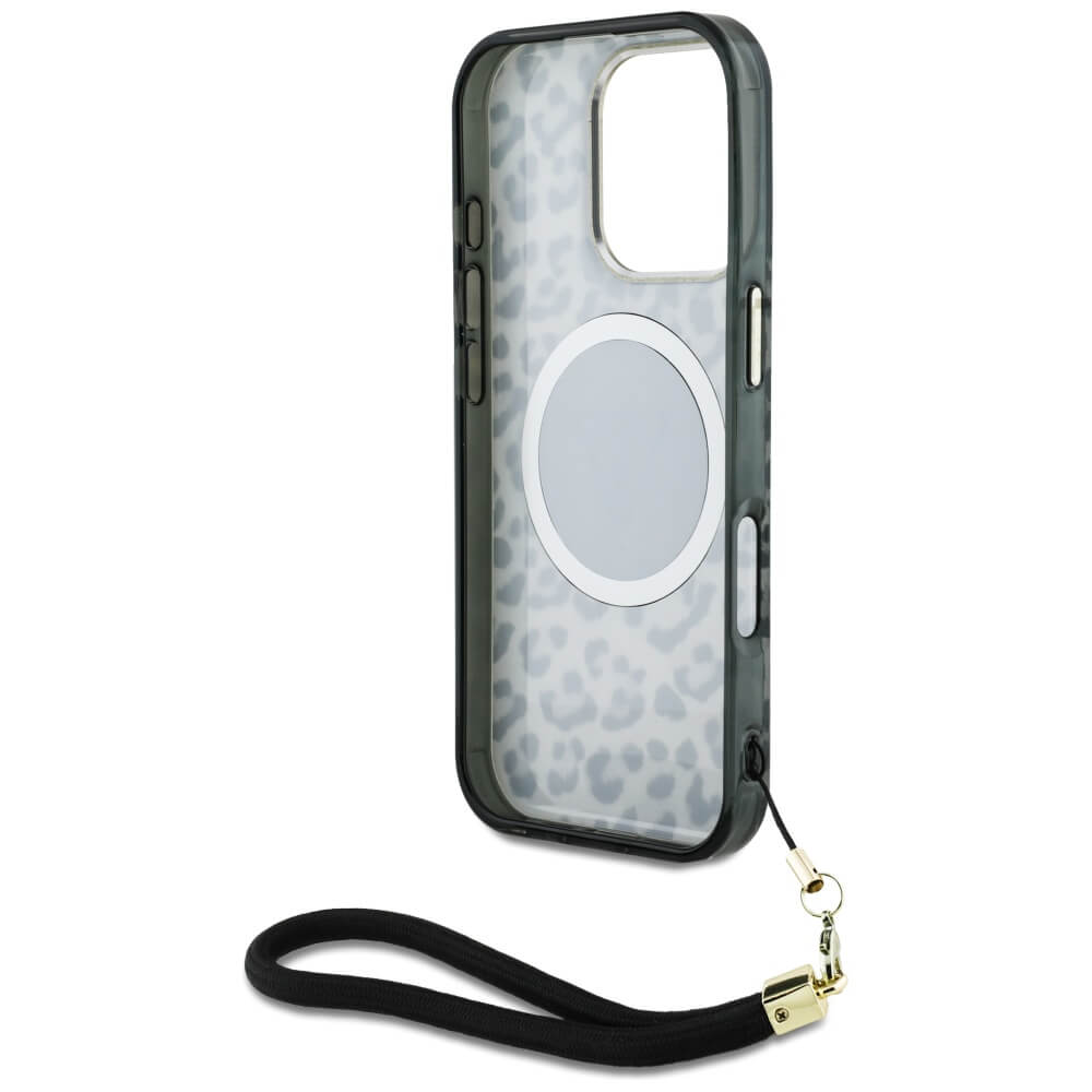 Guess iPhone 16 Pro Max - HC IML Leopard Triangle Cord Strap MagSafe - Σκληρή Θήκη με Πλαίσιο Σιλικόνης και Λουράκι - Black - GUHMP16XHLORSSK