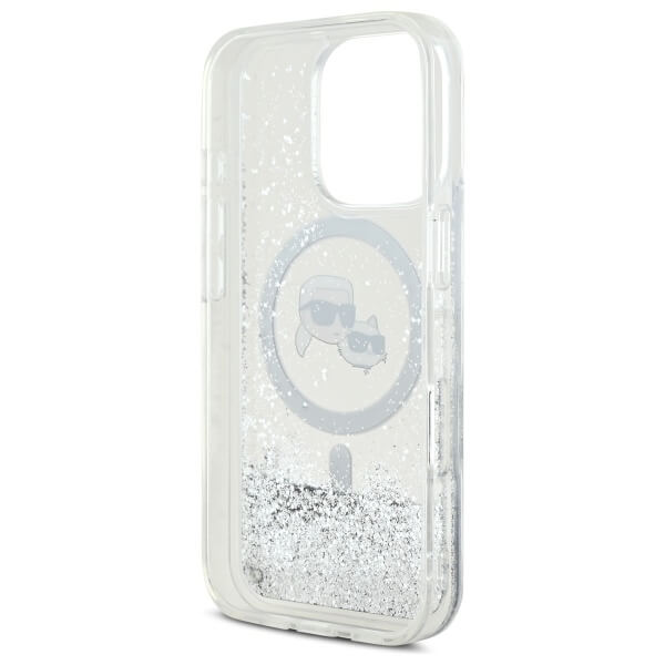 Karl Lagerfeld iPhone 16 Pro - Liquid Glitter Karl and Choupette Head MagSafe - Σκληρή Θήκη με Πλαίσιο Σιλικόνης - Διάφανη - KLHMP16LLGKCSGH