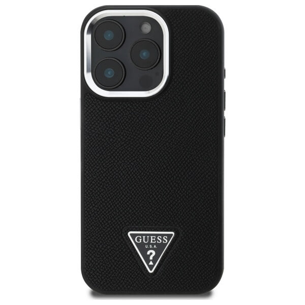 Guess iPhone 16 Pro Max - Grained Triangle MagSafe - Σκληρή Θήκη με Επένδυση Συνθετικού Δέρματος και Πλαίσιο Σιλικόνης - Black - GUHMP16XPGTSPSK