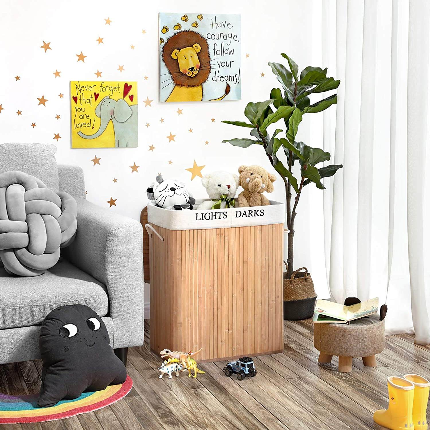 Songmics Καλάθι Απλύτων από Μπαμπού με 2 Διαμερίσματα - 100L - Natural - LCB64Y