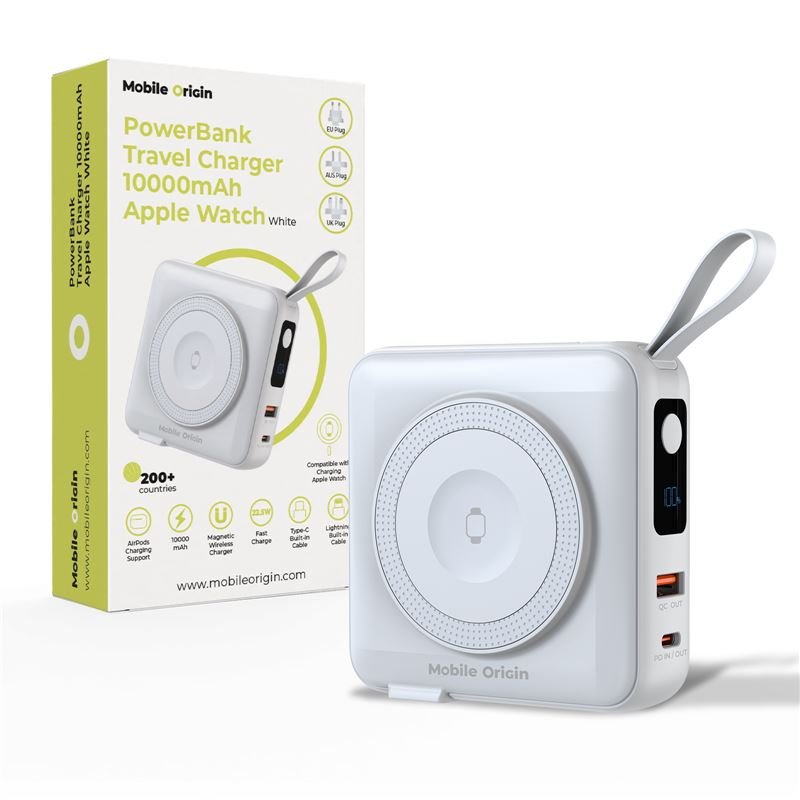 Mobile Origin - 3in1 Ασύρματο MagSafe PowerBank 10.000mAh και Φορτιστής Ταξιδίου με Ενσωματωμένα Καλώδια Lightning και Type - C και Εναλλάξιμα Βύσματα - White
