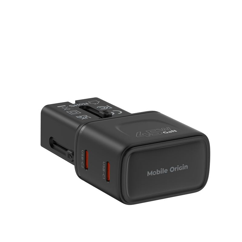 Mobile Origin Φορτιστής Ταξιδίου 2 Θυρών USB - C με Αντάπτορες Πρίζας EU/US/UK/AU - GaN 45W - Travel Adapter PW26 - Black