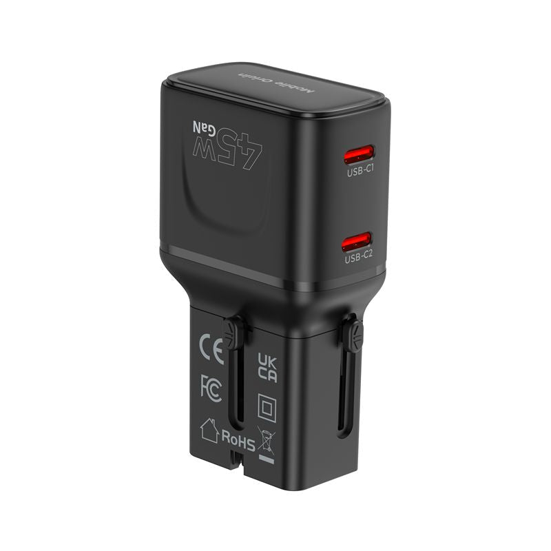 Mobile Origin Φορτιστής Ταξιδίου 2 Θυρών USB - C με Αντάπτορες Πρίζας EU/US/UK/AU - GaN 45W - Travel Adapter PW26 - Black