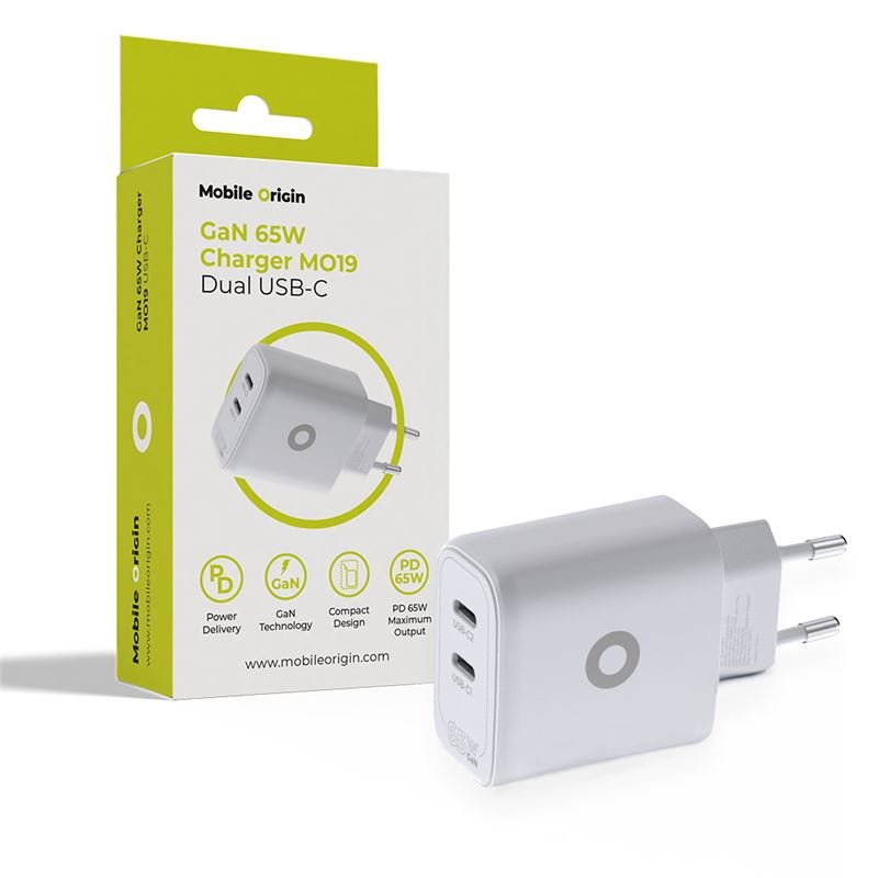 Mobile Origin - Οικιακός Φορτιστής Γρήγορης Φόρτισης GaN 65W με 2 Θύρες Type - C - MO19 - White