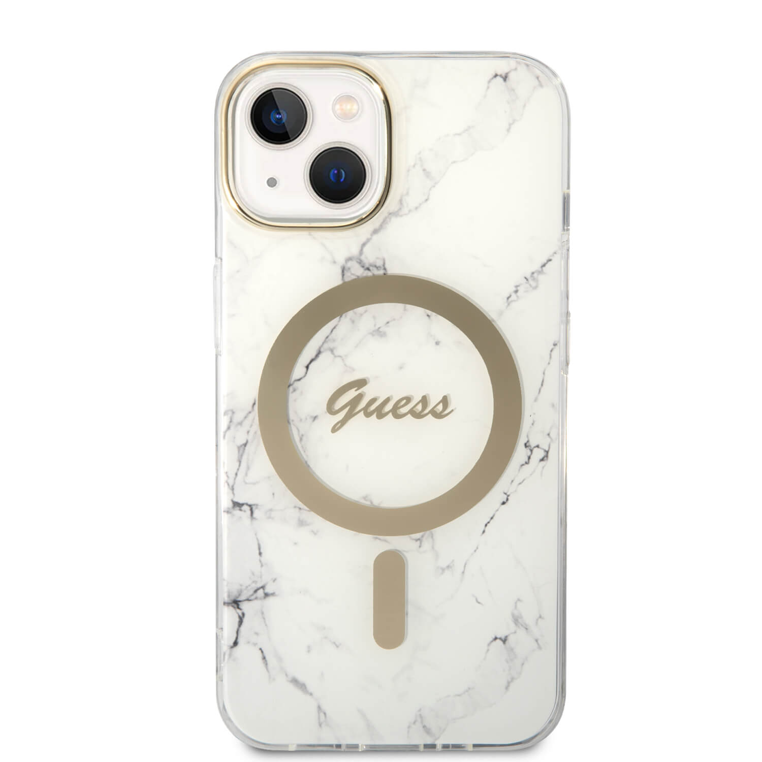 Guess iPhone 15 / 14 / 13 - Bundle Pack - Σετ Σκληρή Θήκη με Πλαίσιο Σιλικόνης και Ασύρματος Φορτιστής MagSafe - Design Marble MagSafe - White - GUBPP14SHMEACSH
