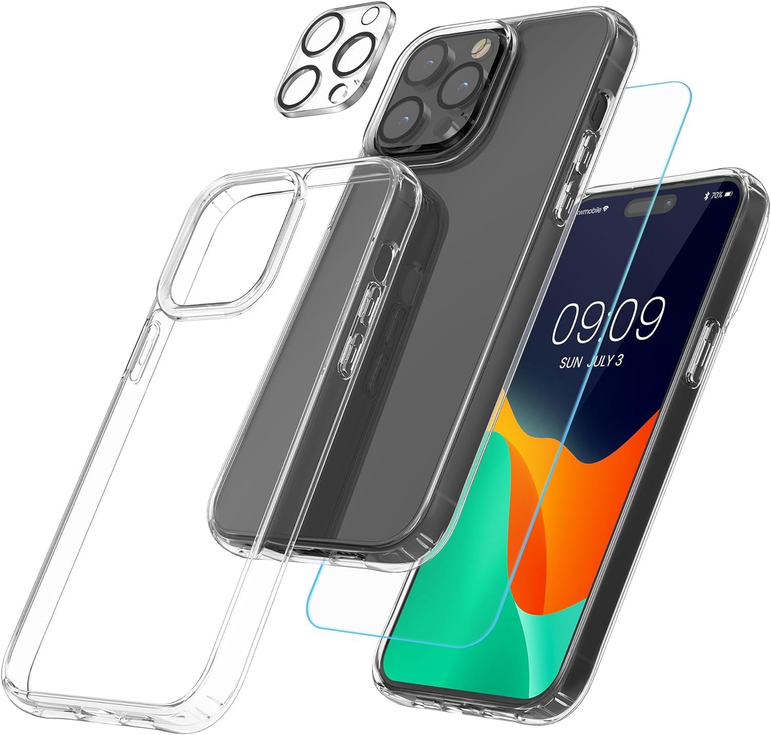 KW iPhone 15 Pro Σετ με 1 Θήκη, 2 Αντιχαρακτικά Γυαλιά Οθόνης και 2 Αντιχαρακτικά Γυαλιά για την Κάμερα - Διάφανα - 62027.03