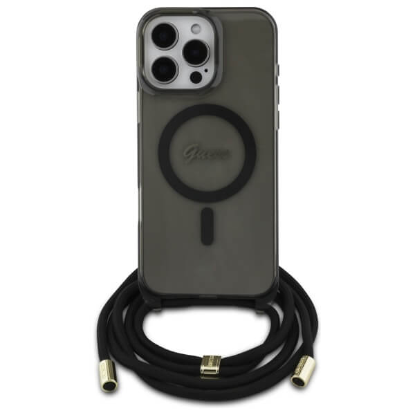 Guess iPhone 16 Pro Max - Crossbody Cord Script MagSafe - Σκληρή Θήκη με Πλαίσιο Σιλικόνης και Λουράκι - Black - GUHMP16XHCTSGNSK