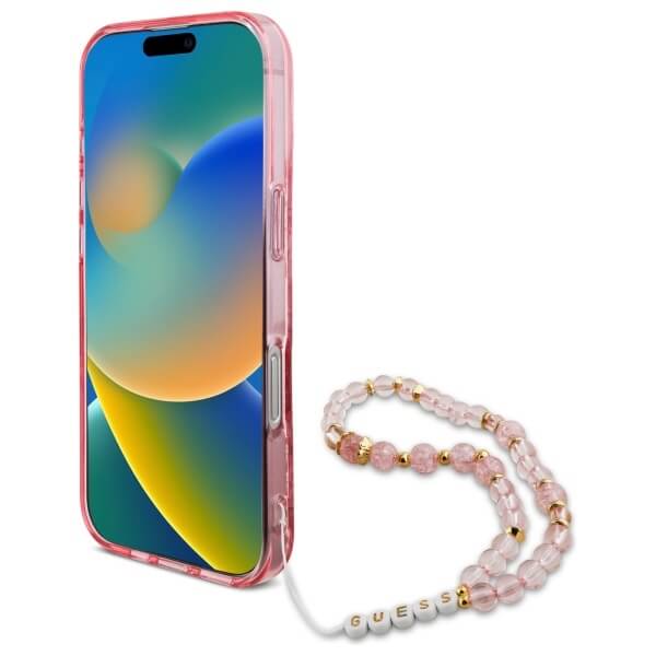 Guess iPhone 16 Pro - IML Flowers With Pearl Strap MagSafe - Σκληρή Θήκη με Πλαίσιο Σιλικόνης και Λουράκι - Pink - GUHMP16LHFWBRCESP