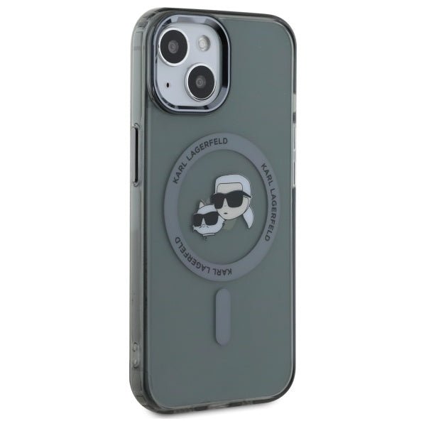 Karl Lagerfeld iPhone 15 - IML Metal Karl and Choupette Head - Σκληρή Θήκη με Πλαίσιο Σιλικόνης και MagSafe - Black - KLHMP15SHLSKCK