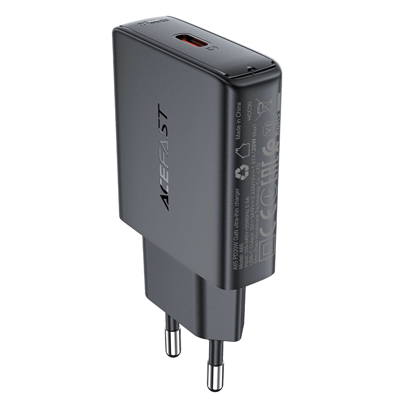 Acefast A65 PD 20W GaN Οικιακός Φορτιστής Γρήγορης Φόρτισης Type - C - Black