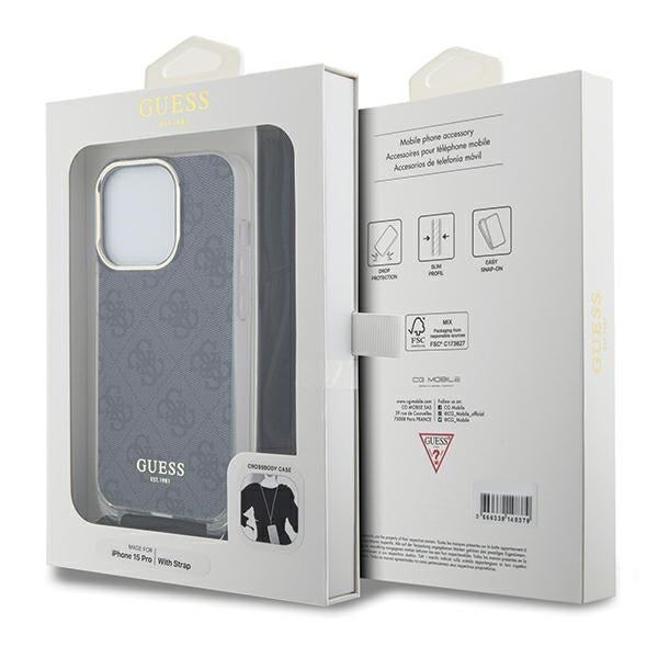 Guess iPhone 15 Pro Max Crossbody Cord 4G Print Σκληρή Θήκη με Πλαίσιο Σιλικόνης και Λουράκι - Black - GUHCP15XHC4SEK