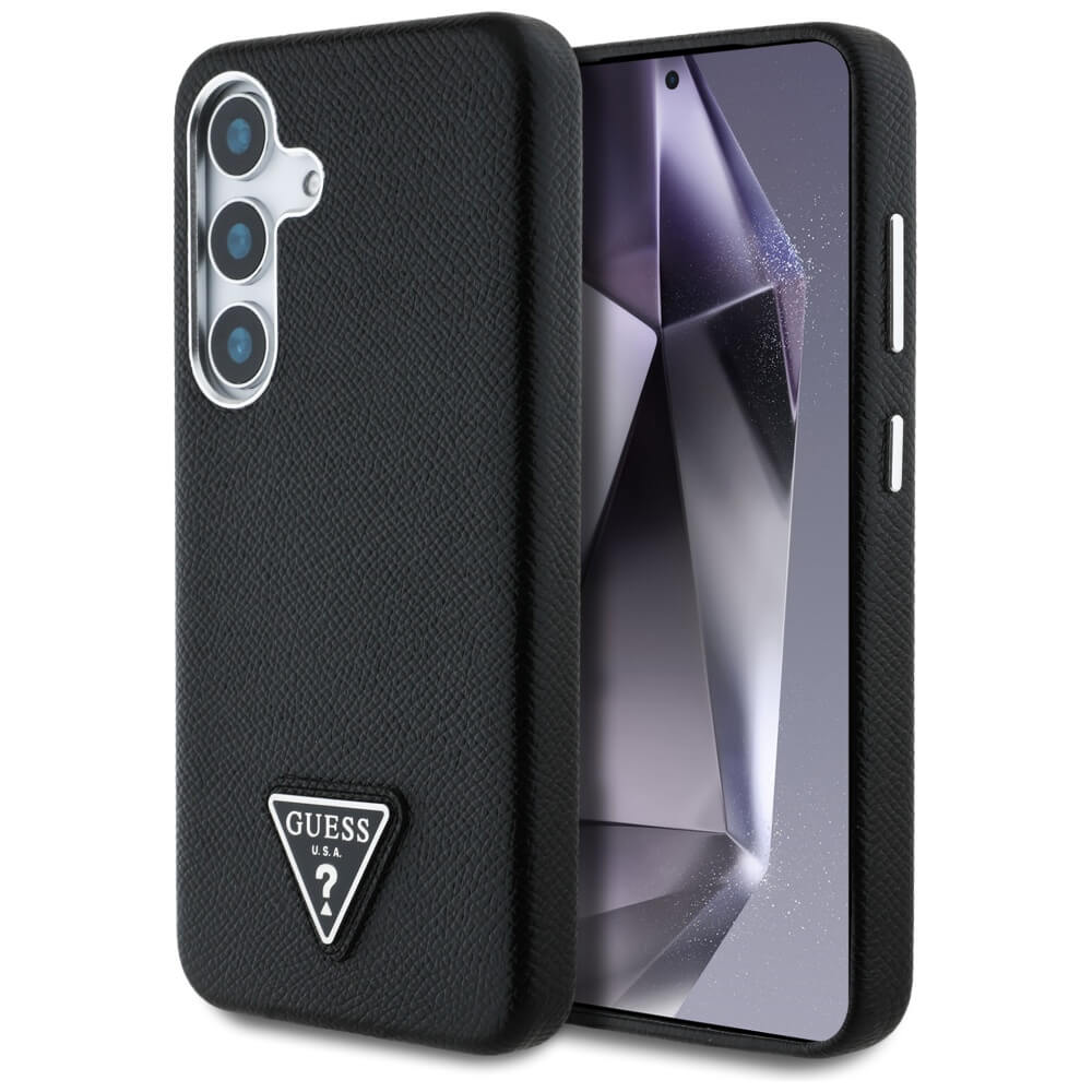 Guess Samsung Galaxy S25 - Grained Triangle Logo - MagSafe Σκληρή Θήκη με Πλαίσιο Σιλικόνης και Συνθετικό Δέρμα - Black - GUHMS25SPGTSPSK