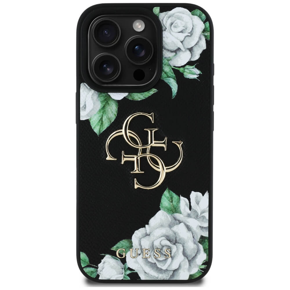Guess iPhone 16 Pro - Grained Roses Big 4G Logo - Σκληρή Θήκη με Επένδυση από Οικολογικό Δέρμα - Black - GUHCP16LPGROP4MK