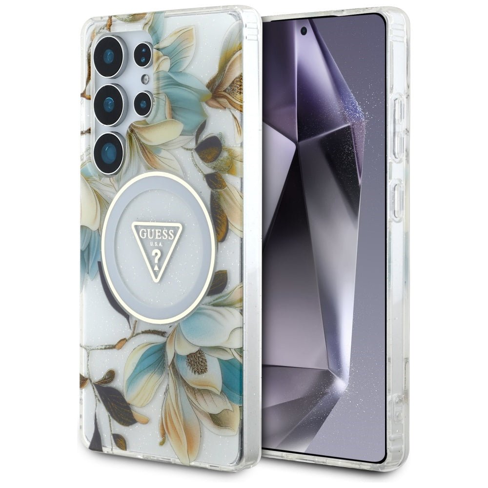 Guess Samsung Galaxy S25 Ultra - Glitter Flowers Triangle Buttons MagSafe - Σκληρή Θήκη με Πλαίσιο Σιλικόνης - White - GUHMS25LHFLPEDH