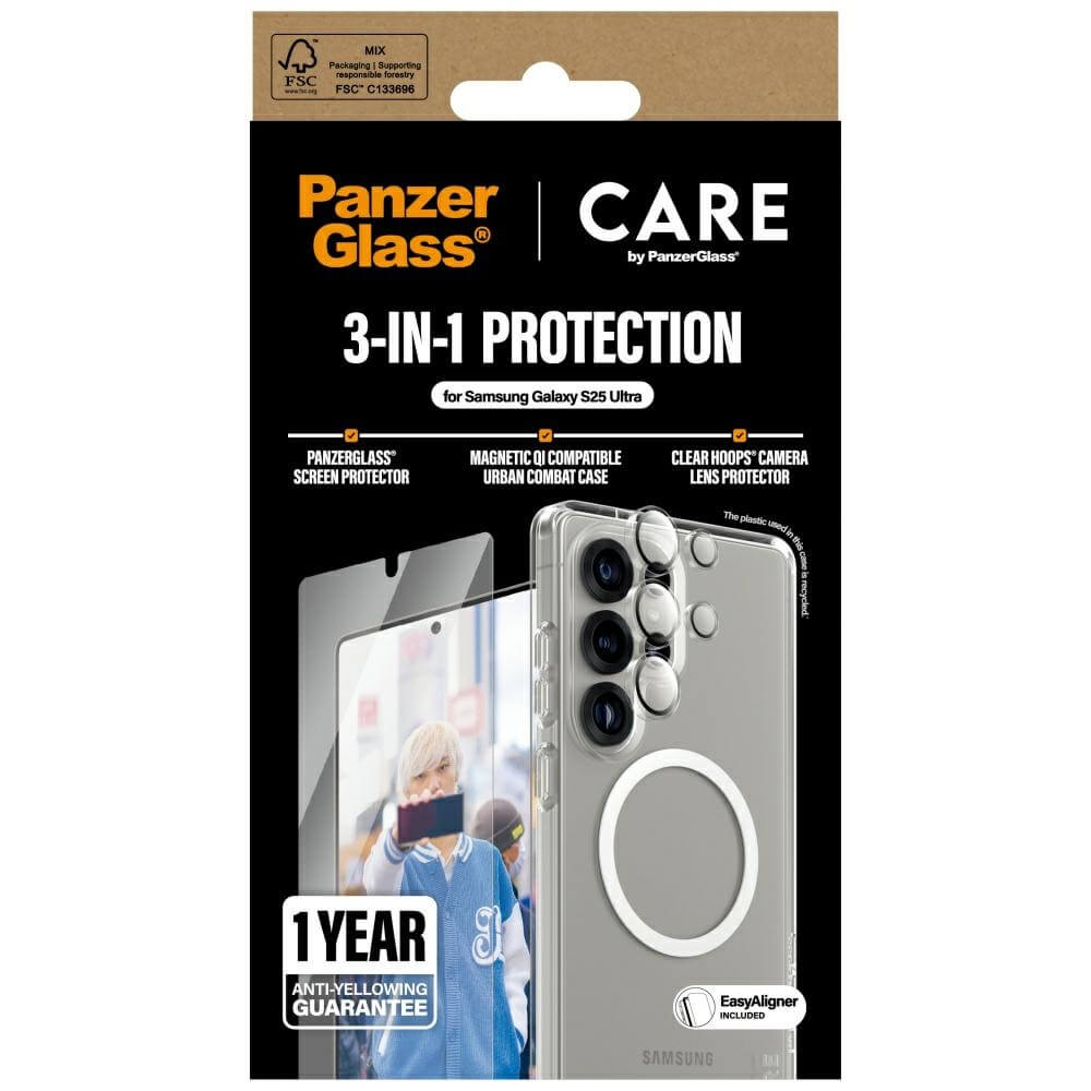 Care by PanzerGlass Samsung Galaxy S25 Ultra - Flagship 3in1 Σετ με 1 Αντιχαρακτικό Γυαλί Οθόνης, 1 Αντιχαρακτικό Γυαλί για την Κάμερα και 1 Σκληρή Θήκη - Clear