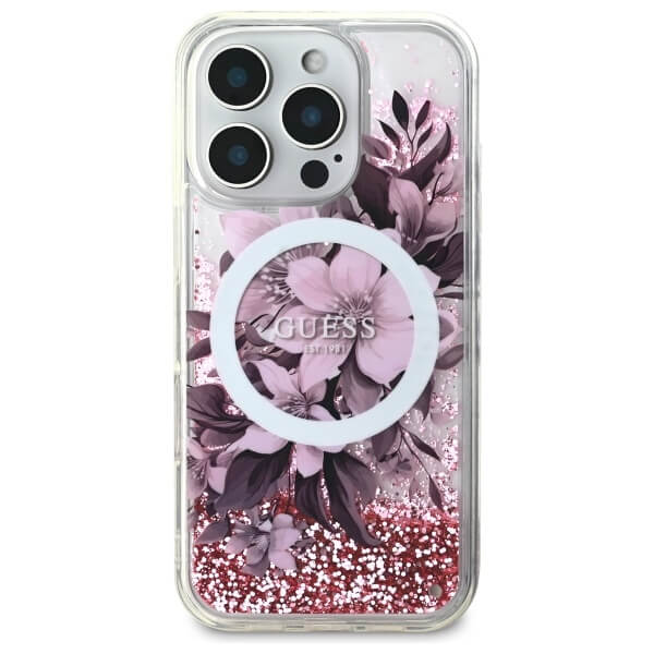 Guess iPhone 16 Pro Max - Liquid Glitter Flower - MagSafe Σκληρή Θήκη με Πλαίσιο Σιλικόνης - Διάφανη - GUHMP16XLFMWTP