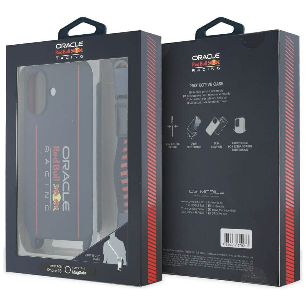 Red Bull iPhone 16 - Silicone Strap and Vertical Logo - MagSafe Σκληρή Θήκη με Πλαίσιο Σιλικόνης και Λουράκι - Navy Blue - RBHMP16S24SISOLRV