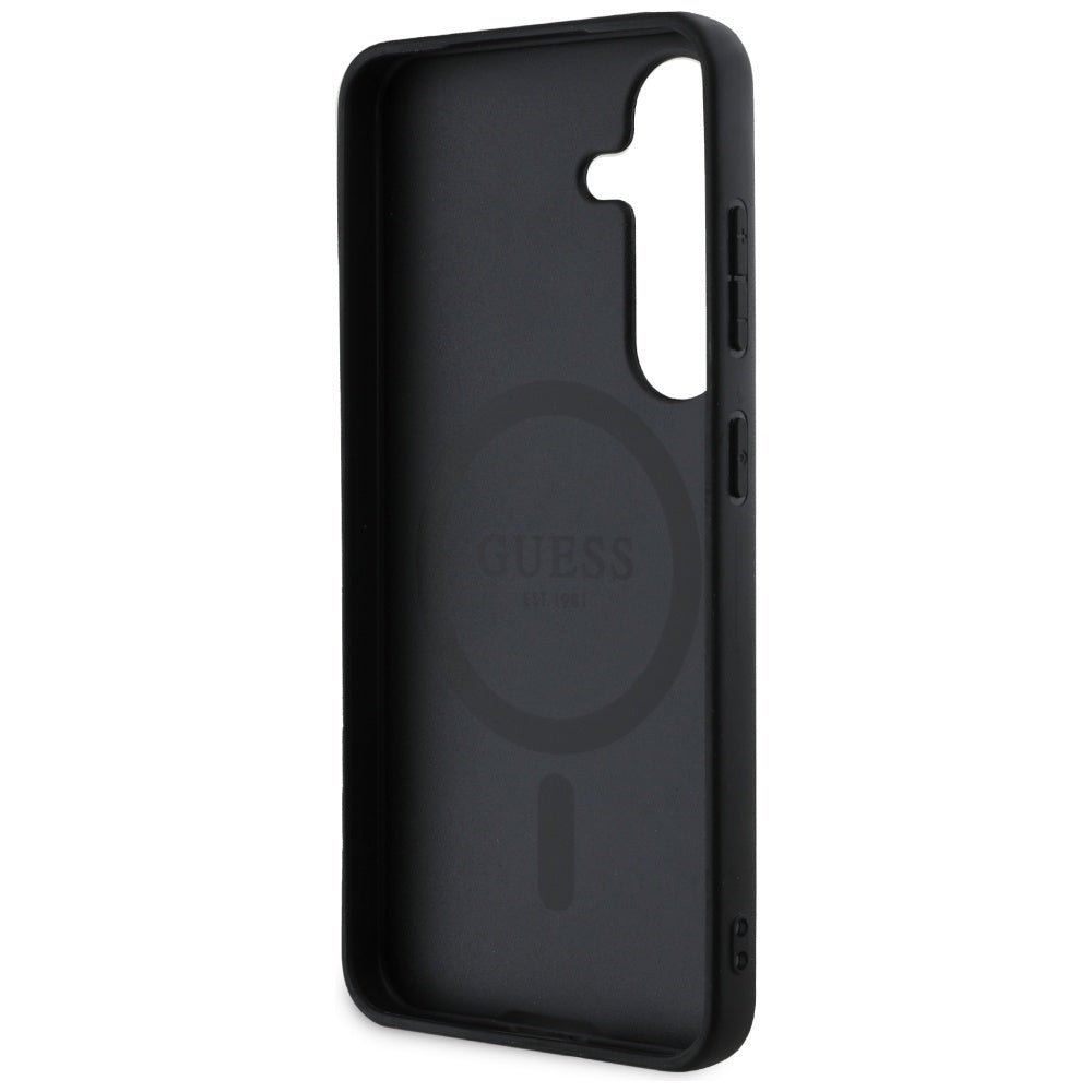 Guess Samsung Galaxy S25 - Grained Hot Stamp Peony Pattern Triangle Logo - MagSafe Σκληρή Θήκη με Πλαίσιο Σιλικόνης και Συνθετικό Δέρμα - Brown - GUHMS25SPGBTMW