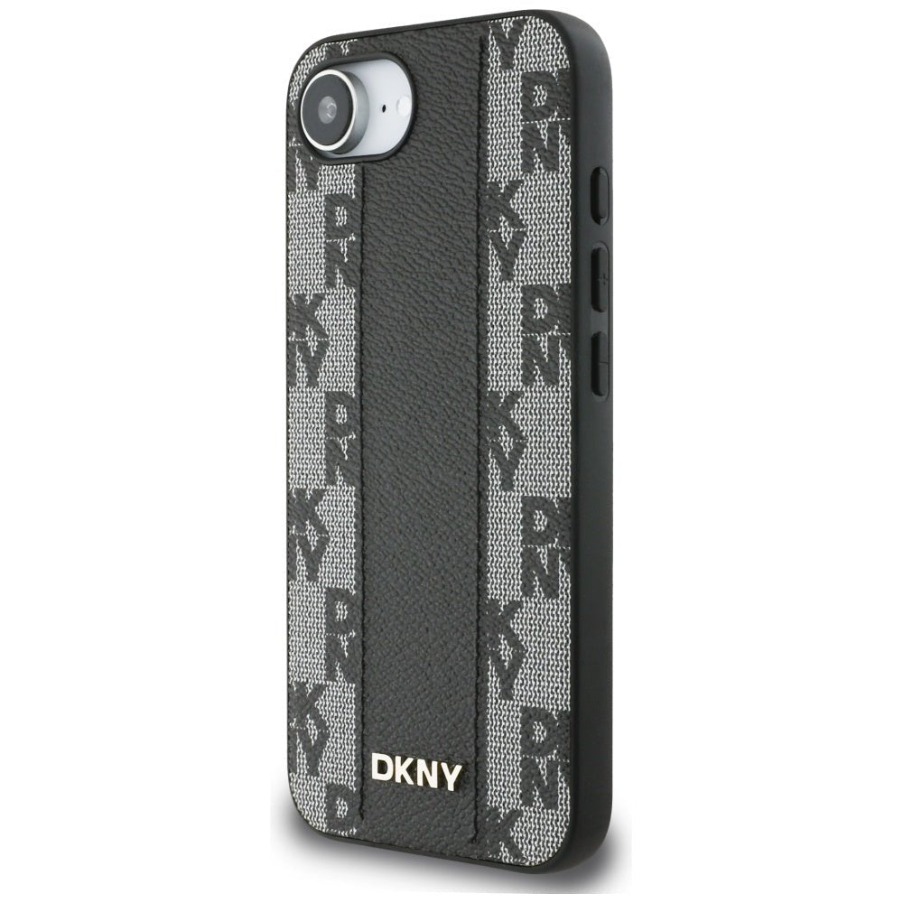 DKNY iPhone 16e - Leather Checkered Mono Pattern MagSafe Σκληρή Θήκη με Επένδυση Συνθετικού Δέρματος - Black