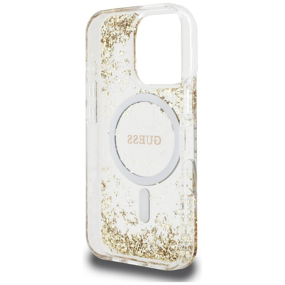 Guess iPhone 16 Pro Max - HC Resin Bottom Glitter - MagSafe Σκληρή Θήκη με Πλαίσιο Σιλικόνης - Gold - GUHMP16XRGRGED