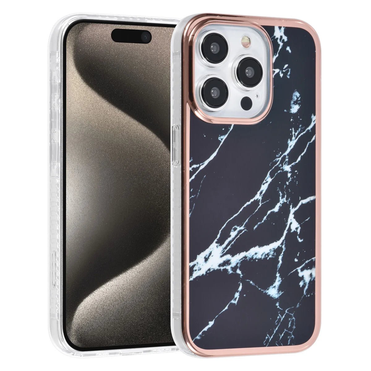 Tuniq iPhone 15 Pro - Σκληρή Θήκη με Πλαίσιο Σιλικόνης - Σχέδιο Μάρμαρο - Μαύρη