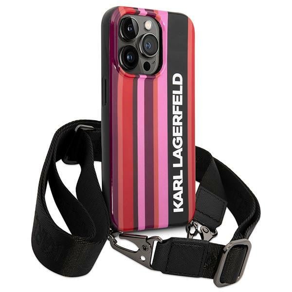 Karl Lagerfeld iPhone 14 Pro Color Stripes Strap Σκληρή Θήκη με Πλαίσιο Σιλικόνης και Λουράκι - Pink - KLHCP14LSTSTP