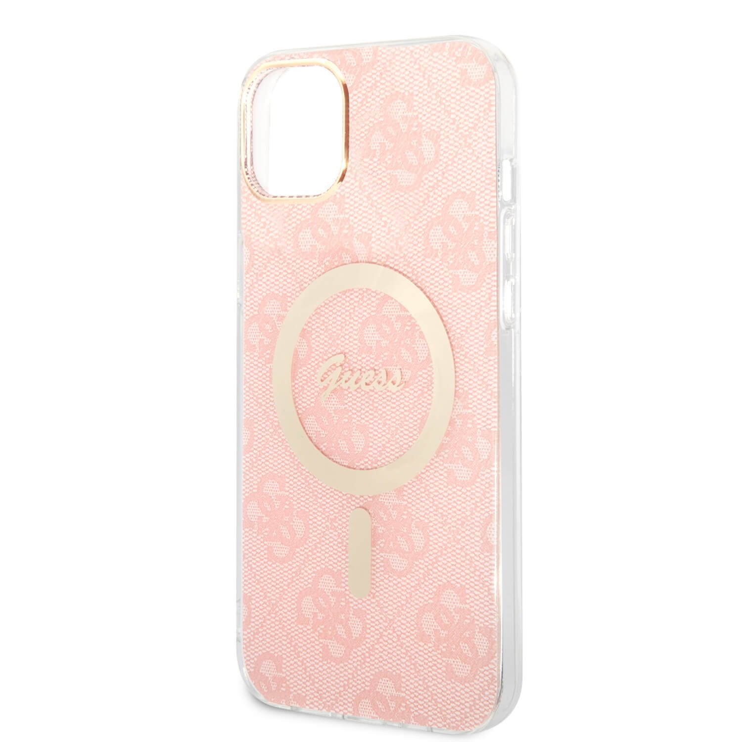 Guess iPhone 15 Plus / 14 Plus - Bundle Pack - Σετ Σκληρή Θήκη με Πλαίσιο Σιλικόνης και Ασύρματος Φορτιστής MagSafe - Design 4G Print MagSafe - Pink - GUBPP14MH4EACSP