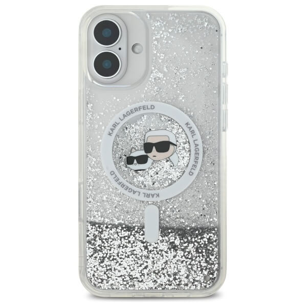 Karl Lagerfeld iPhone 16 Plus - Liquid Glitter Karl and Choupette Head MagSafe - Σκληρή Θήκη με Πλαίσιο Σιλικόνης - Διάφανη - KLHMP16MLGKCSGH